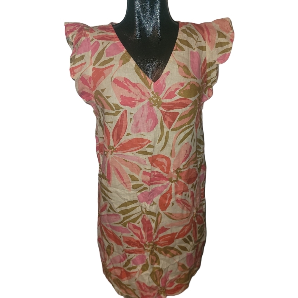 Nicole Miller Floral Print 100% Linen Shift Dress Size XS